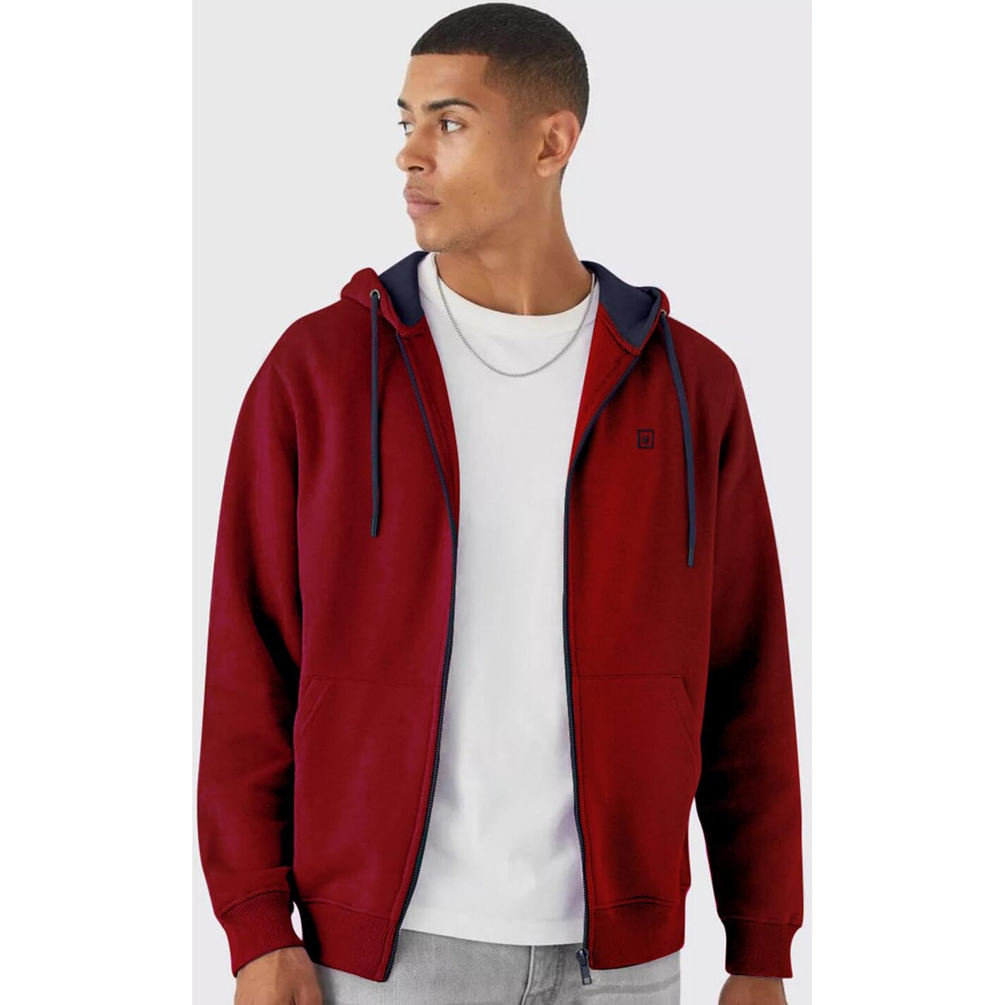 Urbano Fashion Men's Maroon, Navy Cotton Zippered Hooded Sweatshirt (jakt-solconhd-maroonnav-m)