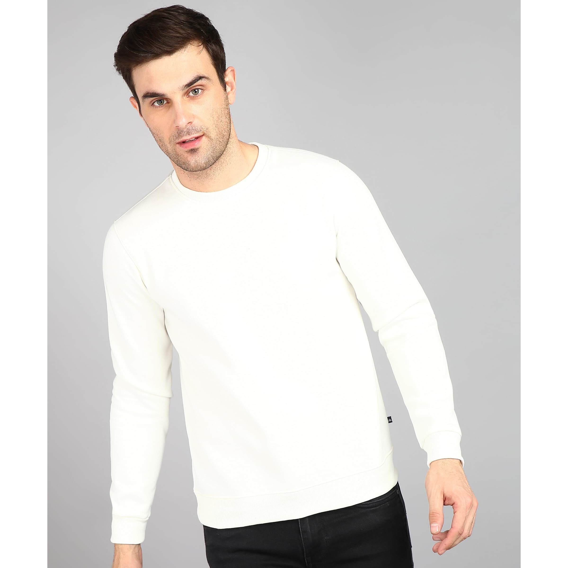 Neostreak Men's Fleece Round Neck Regular Sweatshirt (neoswtsol-01-ivory_Off White_L)