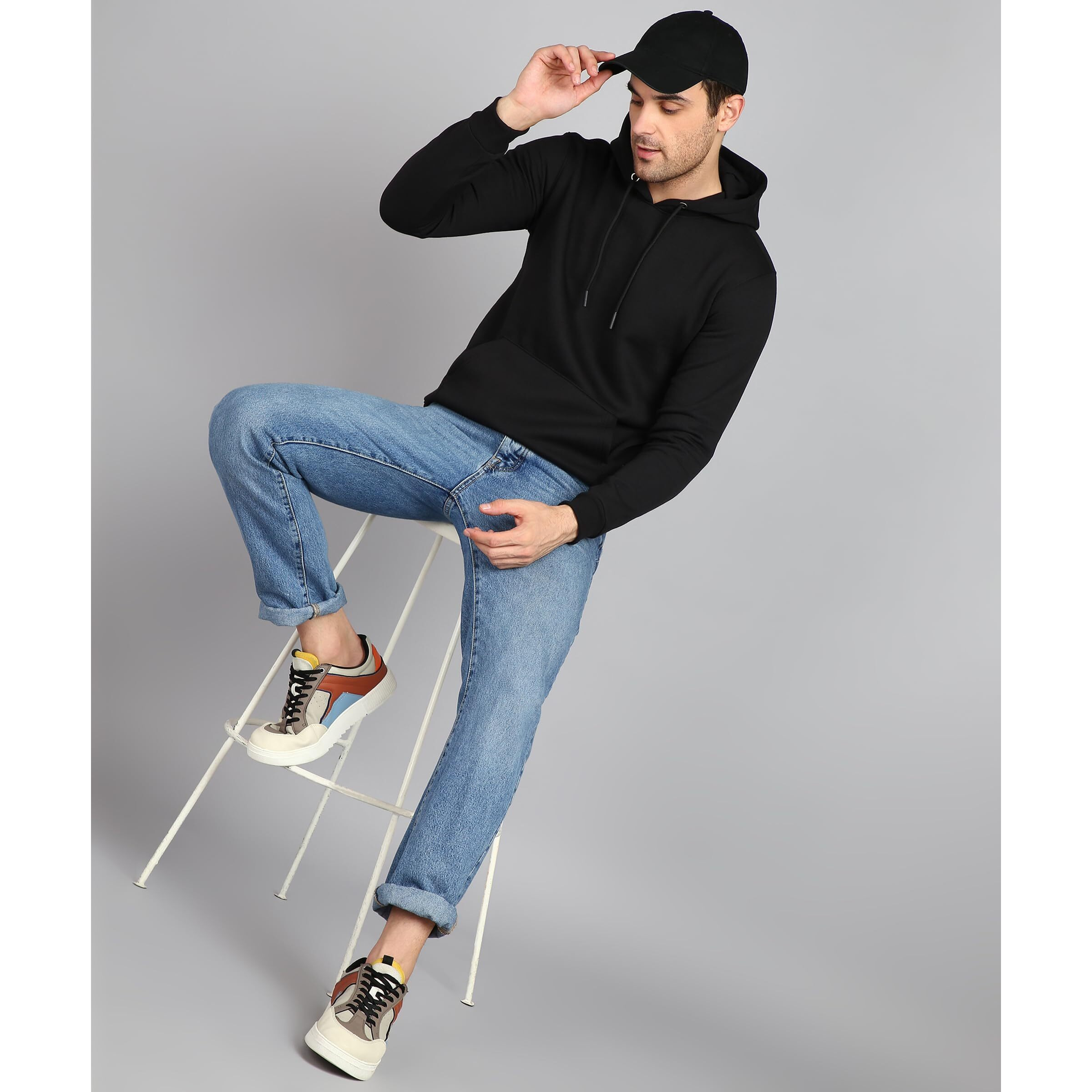 Neostreak Men's Fleece Neck Hooded Regular Fit Sweatshirt (Neoswtsolhd-02-Jetblk_Jet Black