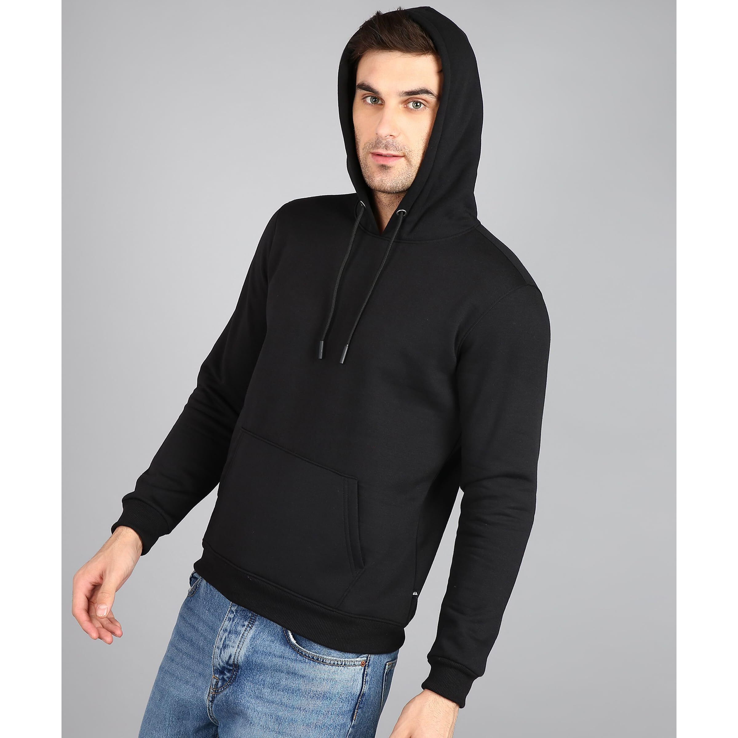 Neostreak Men's Fleece Neck Hooded Regular Fit Sweatshirt (Neoswtsolhd-02-Jetblk_Jet Black
