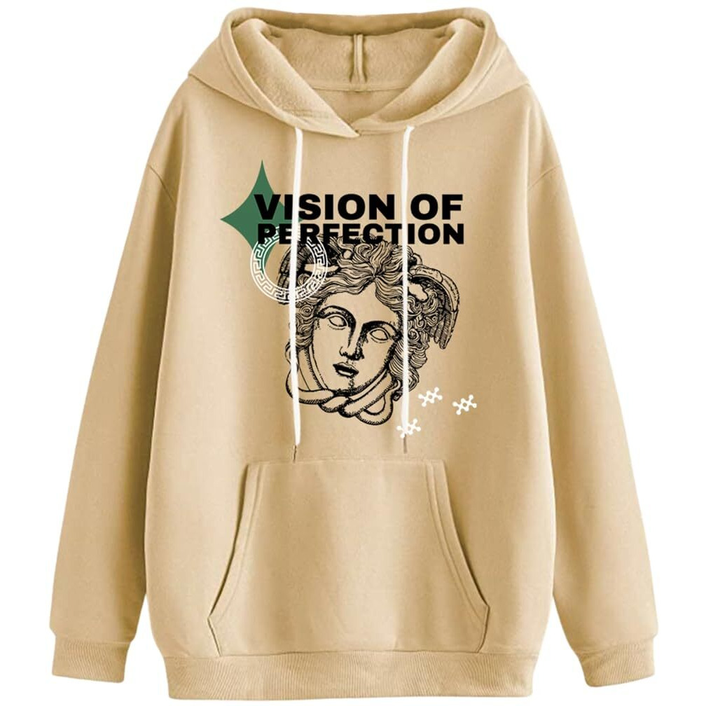 Veirdo Cotton Fleece Regular Fit Hooded Sweatshirt Full Sleeves Vision of Perfection Front Graphic Printed Jumper Beige Winter Sweatshirt for Men (W_05_PRFCTION_LB_M)