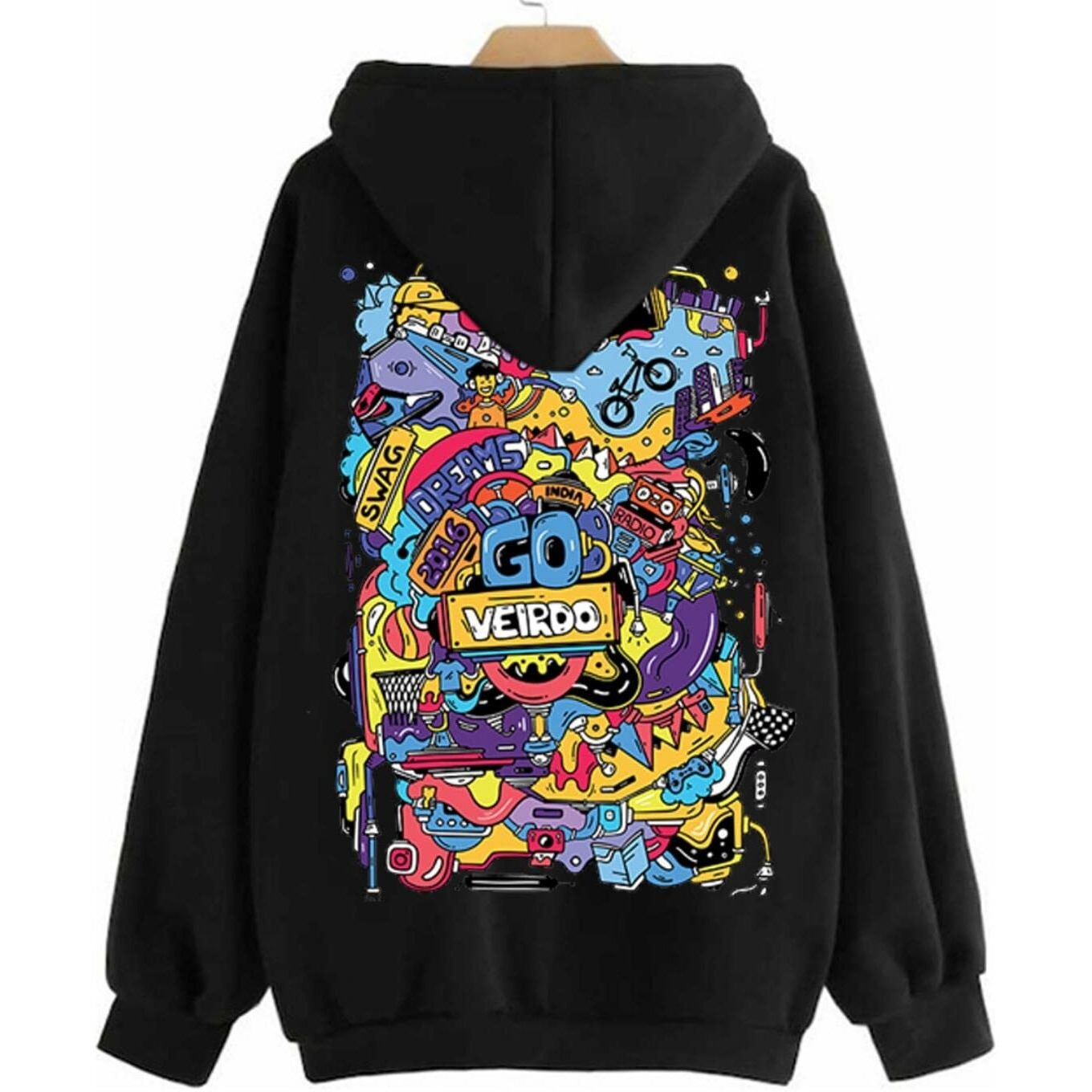 Veirdo Cotton Fleece Oversize Loose Fit Hooded Sweatshirt Full Sleeves Cool & Stylish Doodle Graphic Printed Jumper Sweatshirt Winter Wear for Women & Girls Black