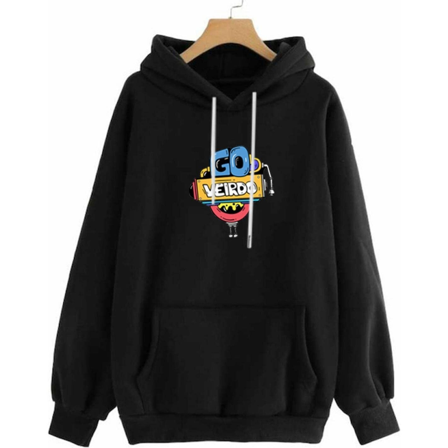 Veirdo Cotton Fleece Oversize Loose Fit Hooded Sweatshirt Full Sleeves Cool & Stylish Doodle Graphic Printed Jumper Sweatshirt Winter Wear for Women & Girls Black