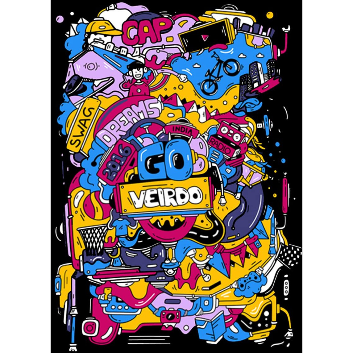 Veirdo Cotton Fleece Oversize Loose Fit Hooded Sweatshirt Full Sleeves Cool & Stylish Doodle Graphic Printed Jumper Sweatshirt Winter Wear for Women & Girls Black