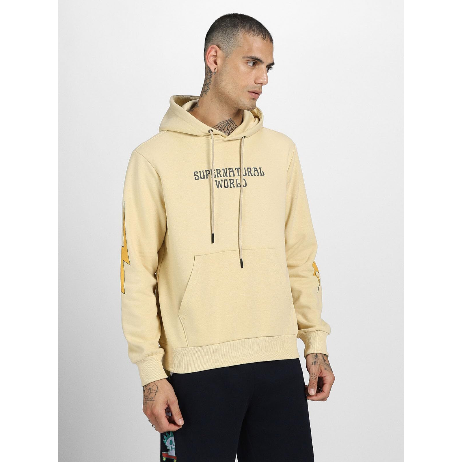 Veirdo Cotton Polly Fleece Regular Fit Beige Graphic Print Hoodie for Men (VH0423BGPT09_XL)