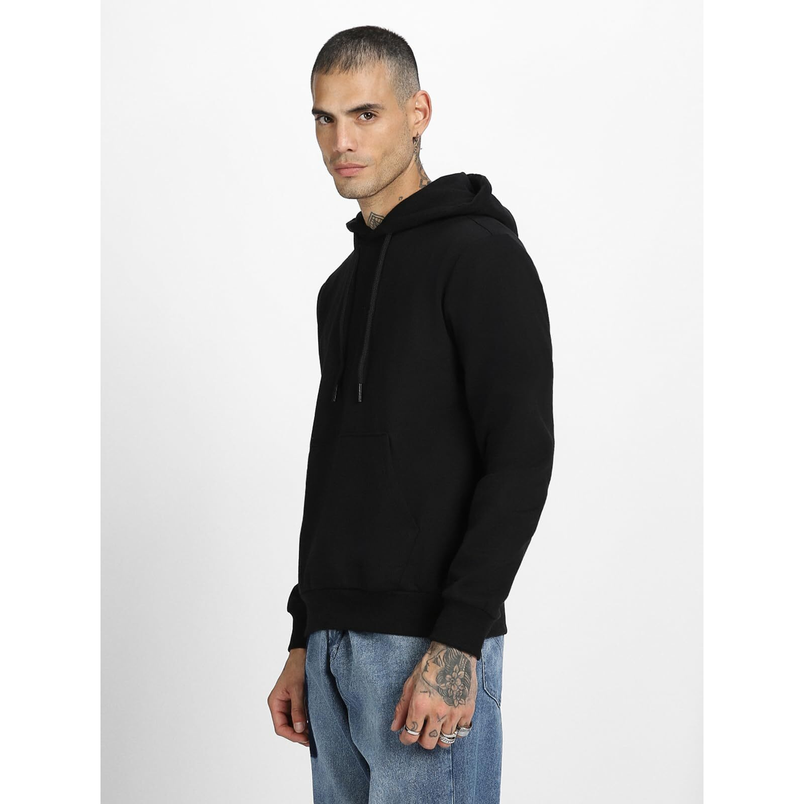 Veirdo Cotton Polly Fleece Regular Fit Black Solid Hoodie for Men (VH0423BKPL52_XXL)