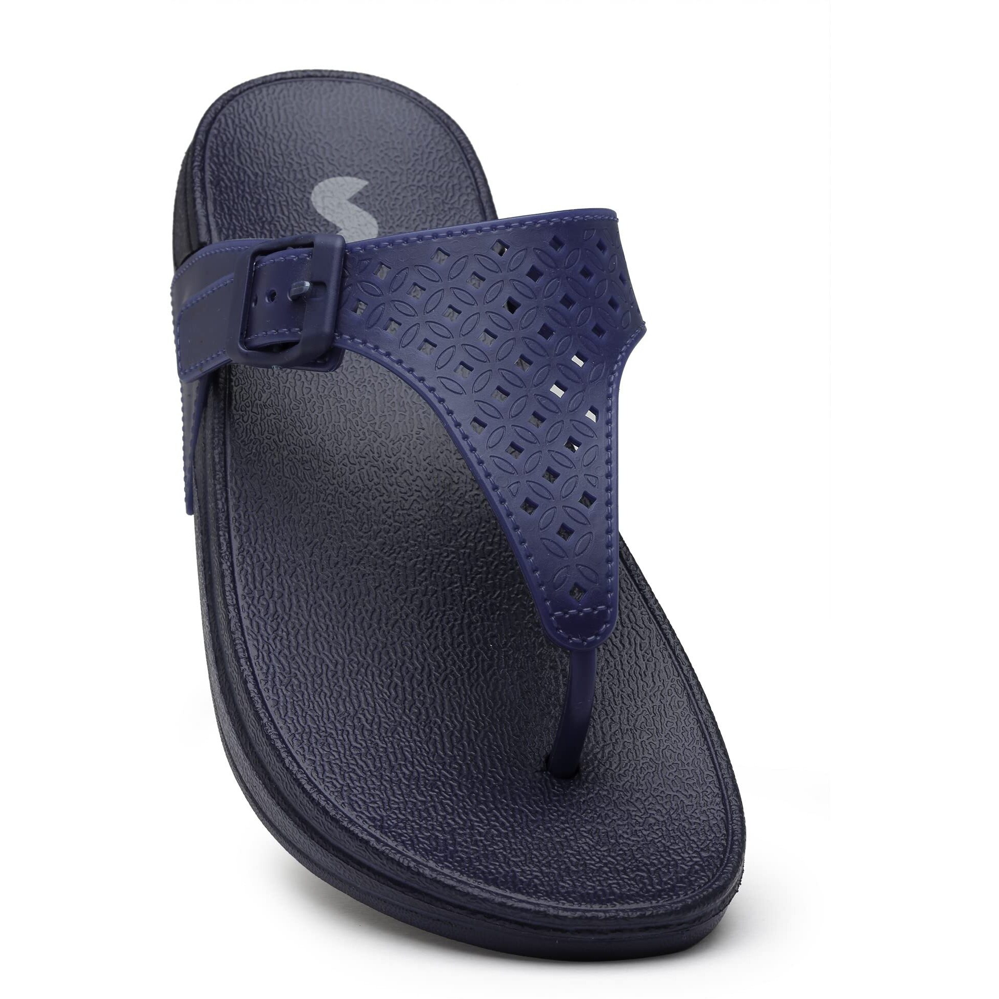 SOLETHREADS CHERRY | Women Slippers | Stylish Designer | T-Strap Slippers | Summer Casual Slipper | Slippers for Women | NAVY | 6UK