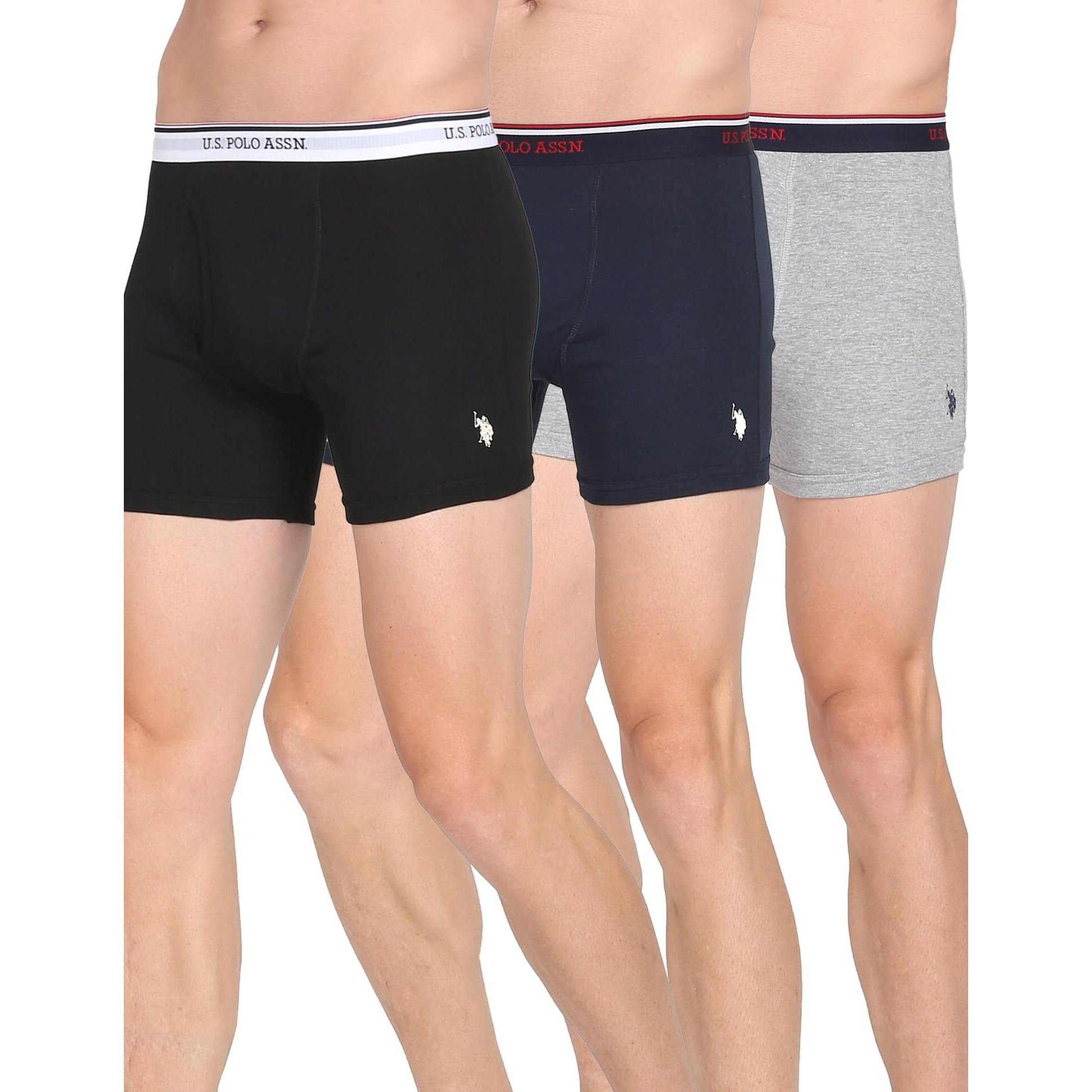 U.S. POLO ASSN. Men's Pure Cotton Mid Rise Solid 1667 Boxer Breifs-Pack of 3 Trunks I667-P3_Black|Grey Melange|Navy