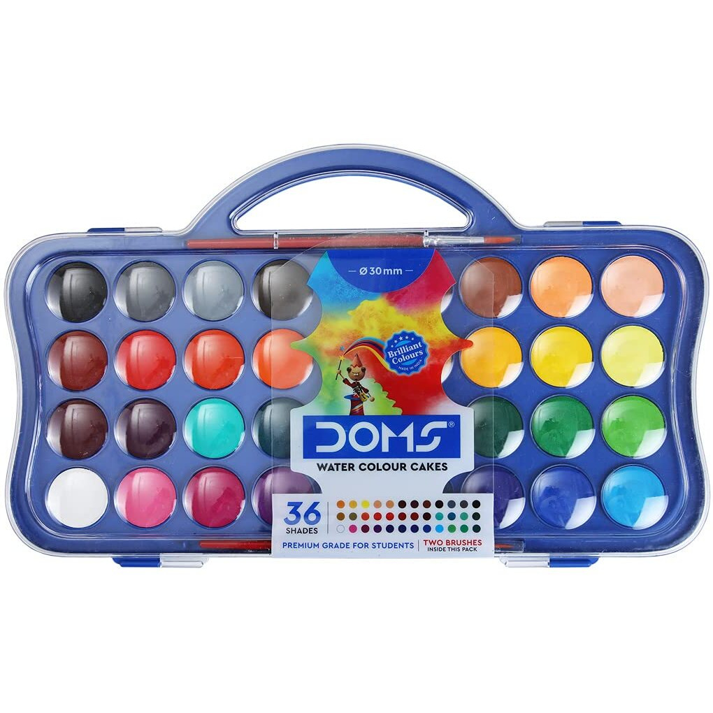 Doms 36 Shades 30mm Water Colour Cakes | Easy To Use Palette Lid | Organic Rich Colour Pigments | Free 2 x Brush Inside | Non-Toxic & Safe For Kids | Pack of 1