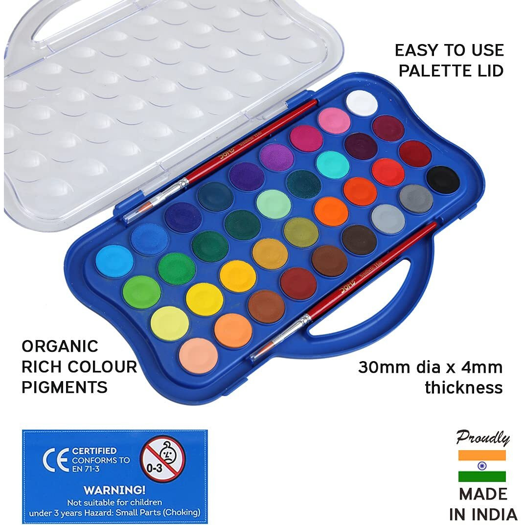 Doms 36 Shades 30mm Water Colour Cakes | Easy To Use Palette Lid | Organic Rich Colour Pigments | Free 2 x Brush Inside | Non-Toxic & Safe For Kids | Pack of 1