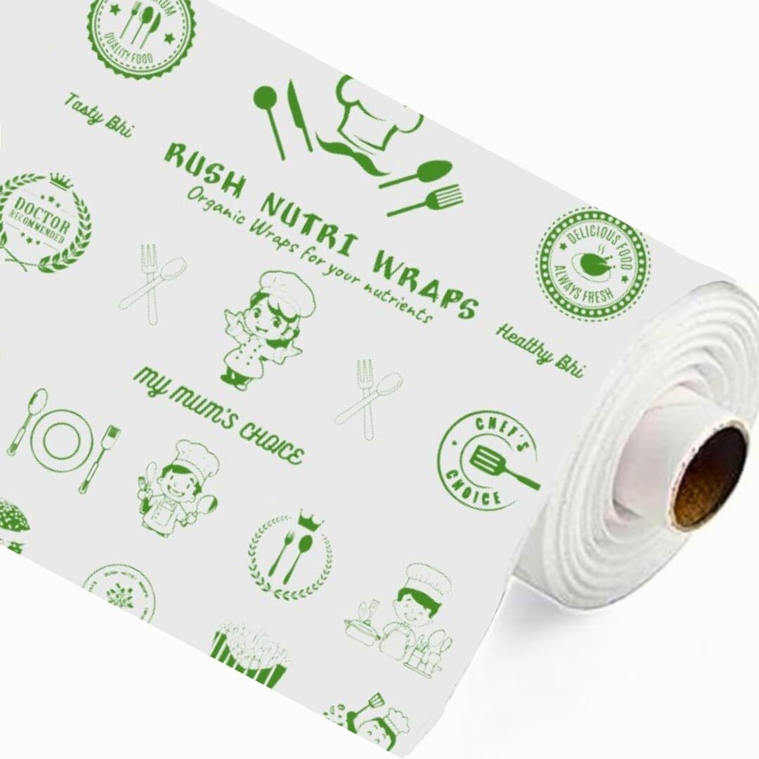 Rush Premium 50 Mtr Nutri Wrap Food Wrapping Paper Roll with Sealing Sticker, Non-Sticky Butter Paper Roll for Roti Use as Parchment Paper for baking cake, Kitchen Roll Paper or roti clothes wrap