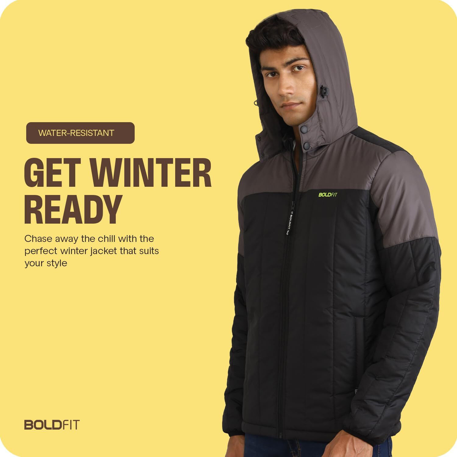 Boldfit Men's Quilted Polyester Standard Length Jacket Monsoon Winter Wear Hooded Winter Padded Bomber Full Sleeve Jacket Black Grey Small