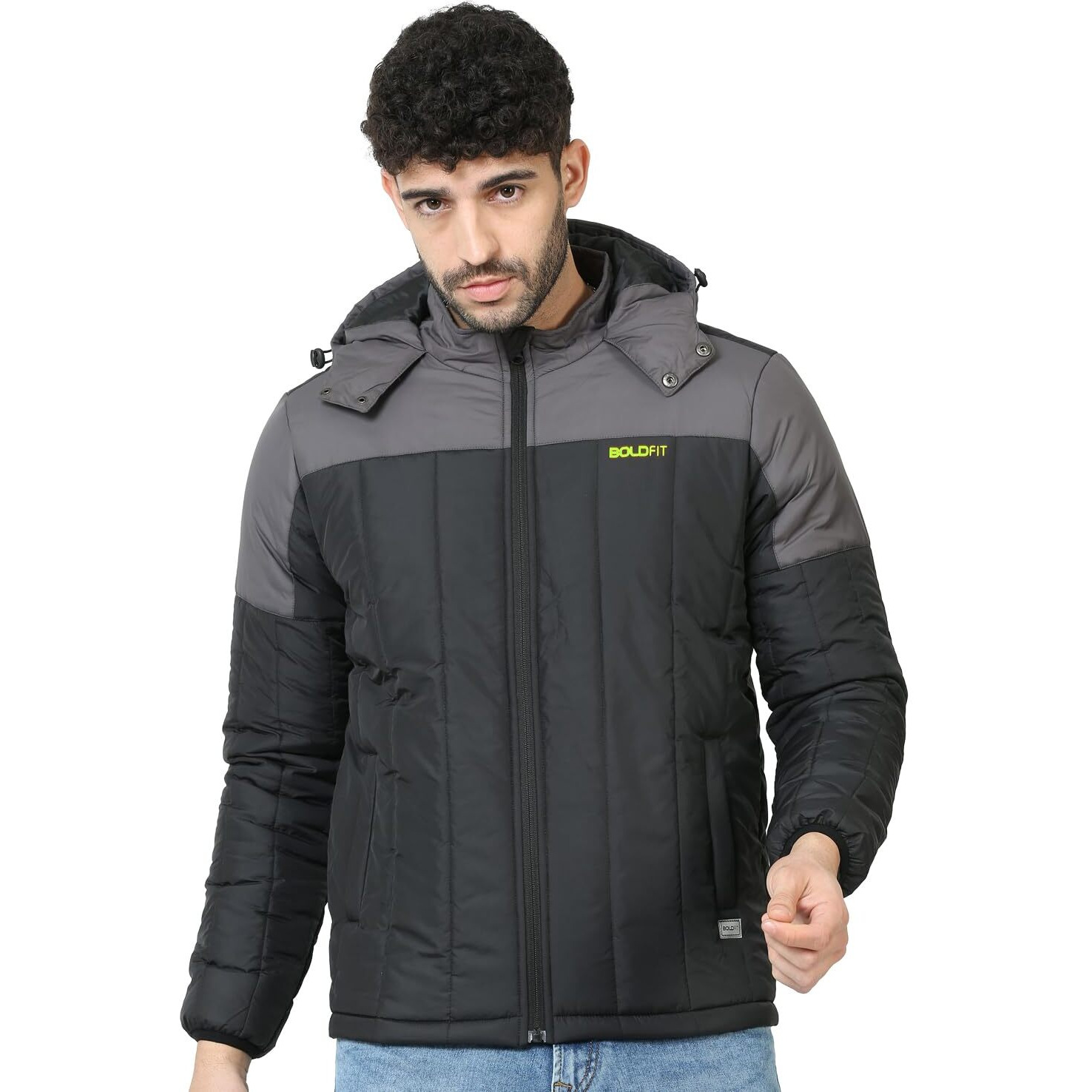 Boldfit Men's Quilted Polyester Standard Length Jacket Monsoon Winter Wear Hooded Winter Padded Bomber Full Sleeve Jacket Black Grey Medium