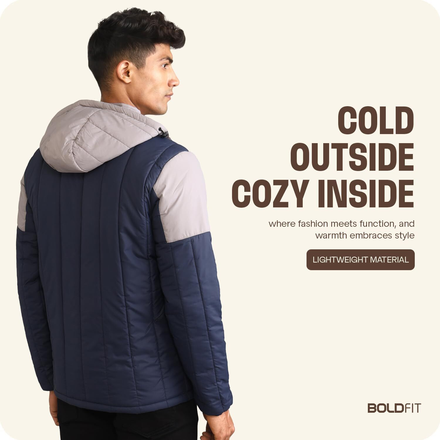 Boldfit Men's Quilted Polyester Standard Length Jacket Monsoon Winter Wear Hooded Winter Padded Bomber Full Sleeve Jacket Blue Grey XL