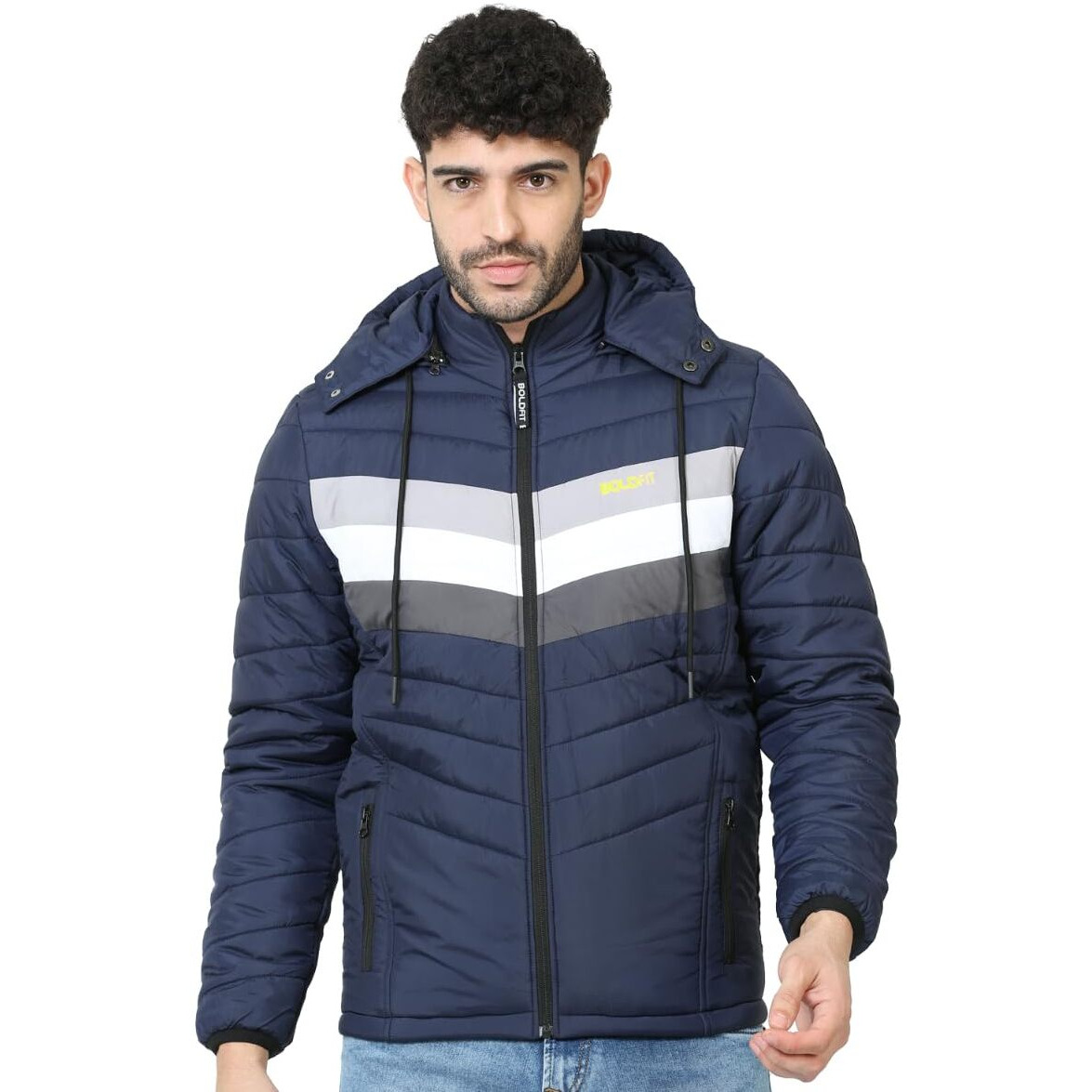 Boldfit Men's Quilted Polyester Standard Length Jacket Monsoon Winter Wear Hooded Winter Padded Bomber Full Sleeve Jacket Blue White Large