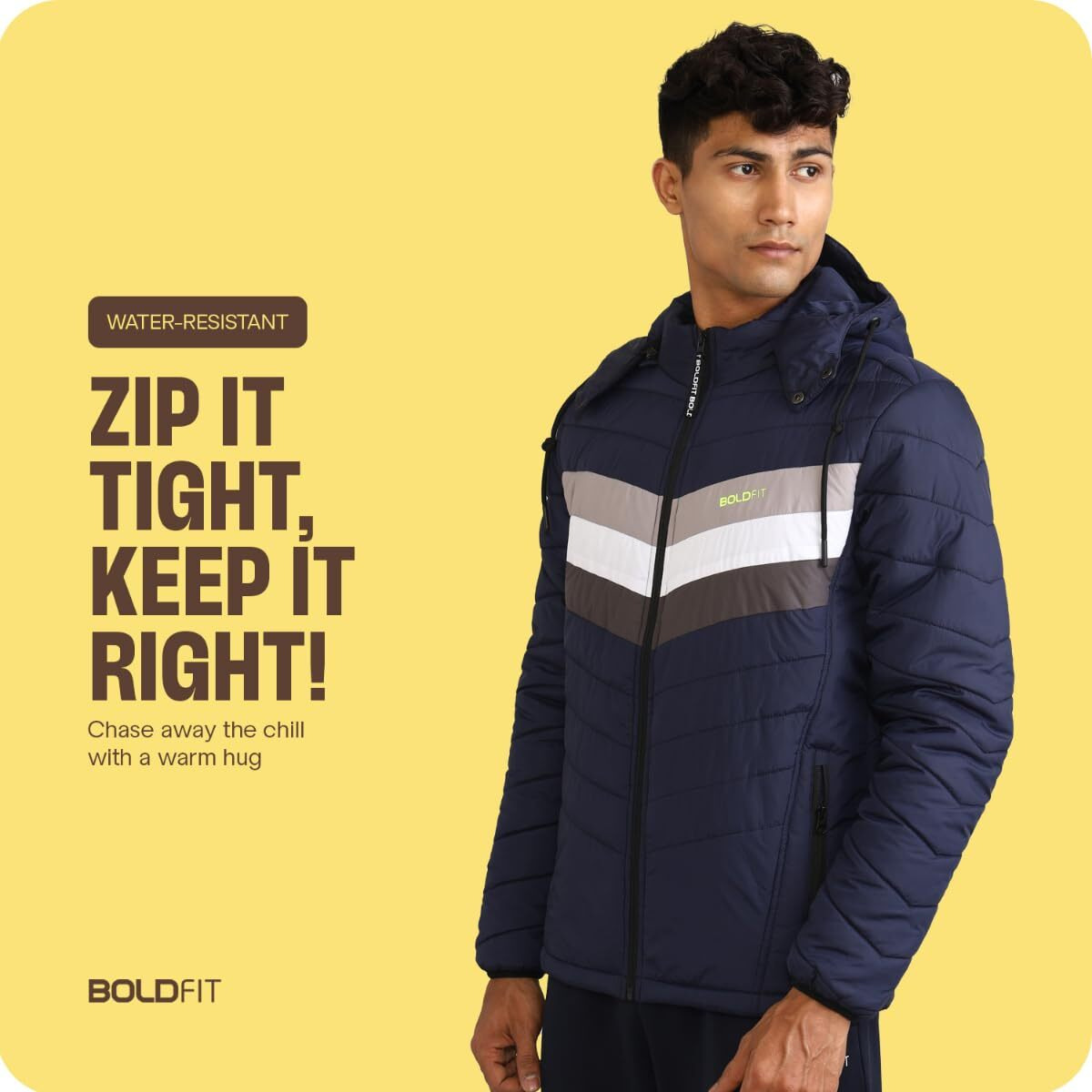 Boldfit Men's Quilted Polyester Standard Length Jacket Monsoon Winter Wear Hooded Winter Padded Bomber Full Sleeve Jacket Blue White Large