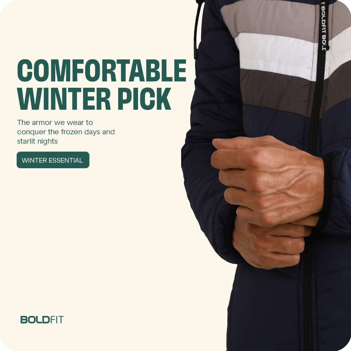 Boldfit Men's Quilted Polyester Standard Length Jacket Monsoon Winter Wear Hooded Winter Padded Bomber Full Sleeve Jacket Blue White Large