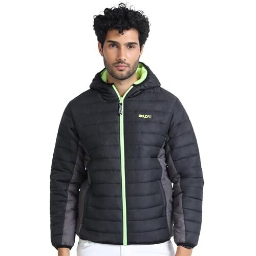 Boldfit Men's Quilted Polyester Standard Length Jacket Monsoon Winter Wear Hooded Winter Padded Bomber Full Sleeve Jacket Black Charcoal 2XL