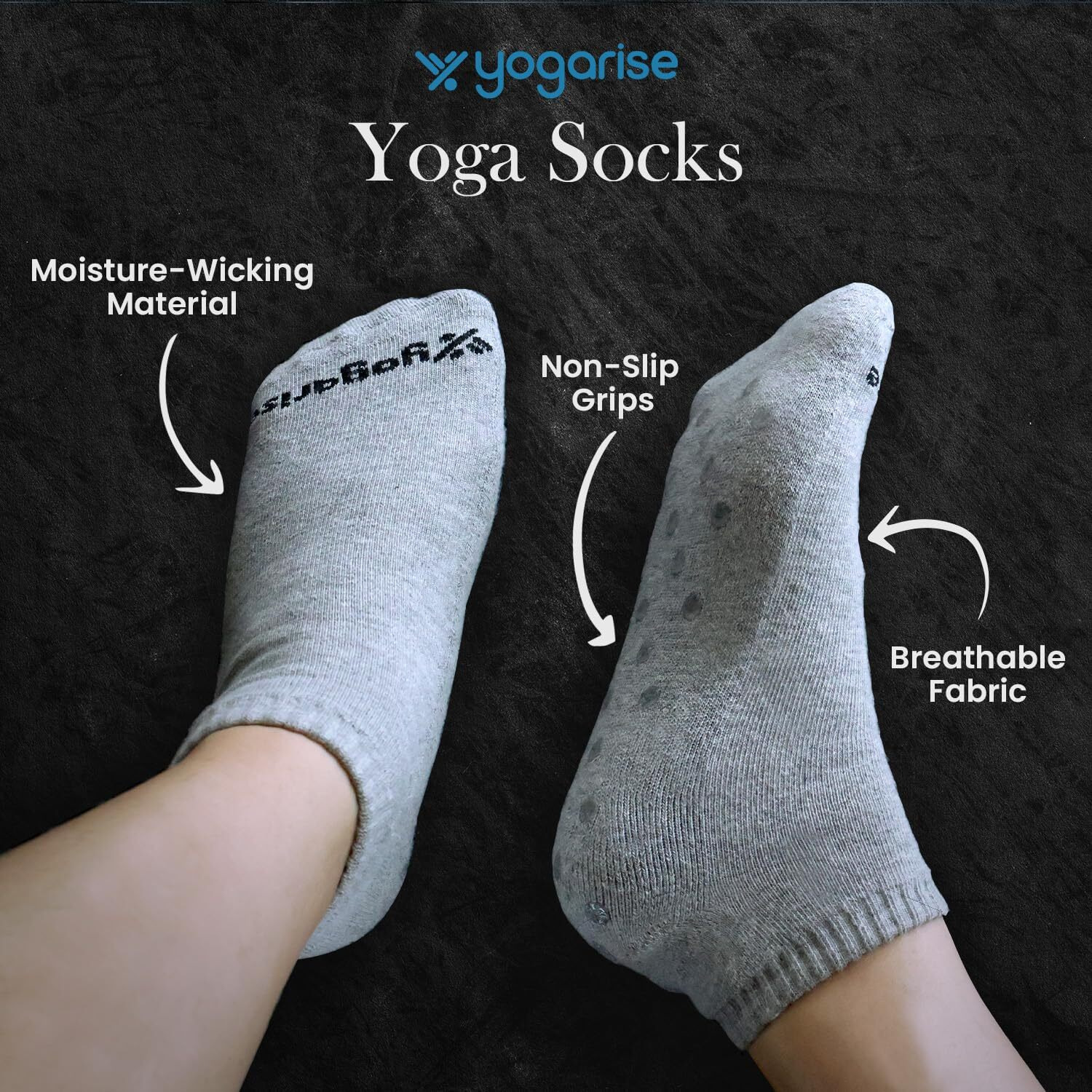 YOGARISE Anti-Slip Yoga Socks For Women, Anti-Skid Breathable & Moisture Wicking, Odour Free Ankle Length Cotton Socks with Rubber Soles for Men and Women, Ideal for Yoga/Pilates/Dance - Pack of 2