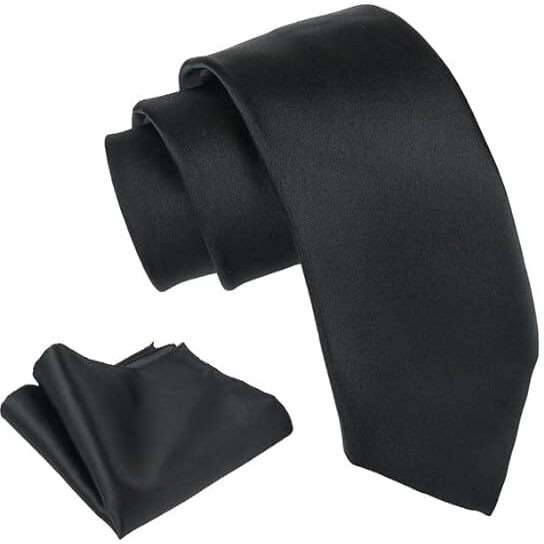 Bureaucrat Mens Tie Solid Color Plain Silk Satin Elegant Classy Colored Formal Necktie with Pocket Square Standard Slim Regular and Skinny Width for Office,Interview, Wedding Formal Dress (Black)