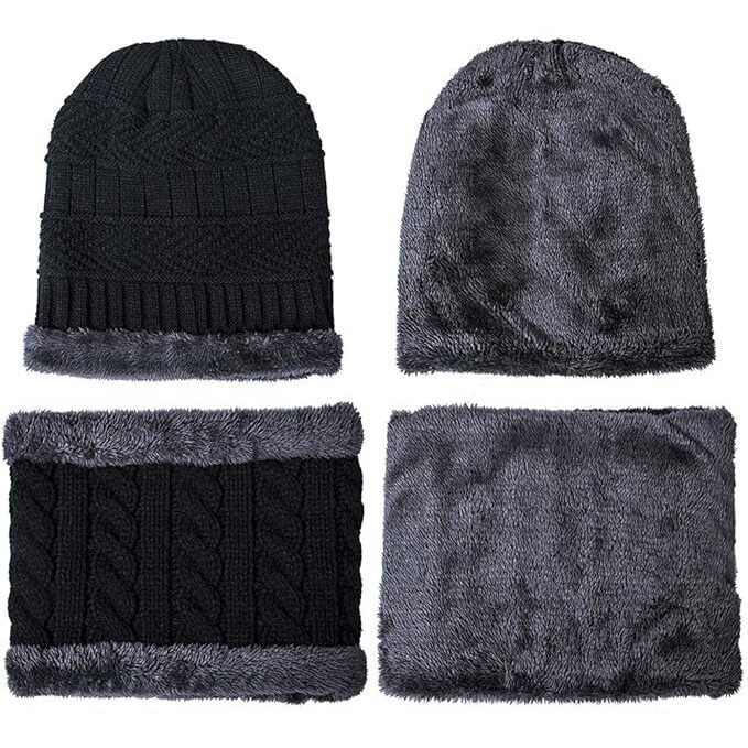 Bureaucrat Beanie Cap Neckwarmer Winter Combo for Men Women Skull Slouchy Winter Woolen Knitted Inside Fur Mens Woollen Caps Muffler Scarf Set-Black