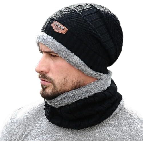 Bureaucrat Beanie Cap Neckwarmer Winter Combo for Men Women Skull Slouchy Winter Woolen Knitted Inside Fur Mens Woollen Caps Muffler Scarf Set-Black