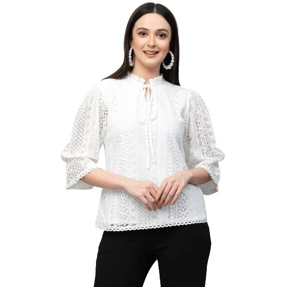 Style Quotient Women White Self Design Lace Regular Smart Casual Tops