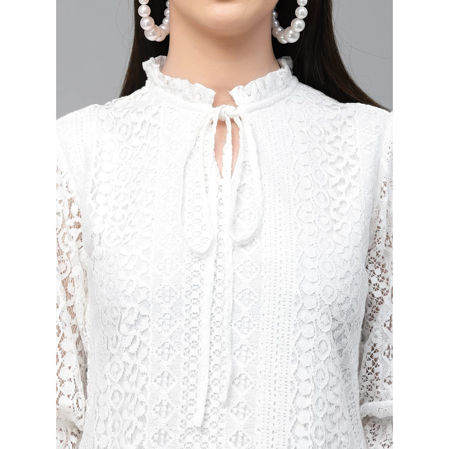 Style Quotient Women White Self Design Lace Regular Smart Casual Tops