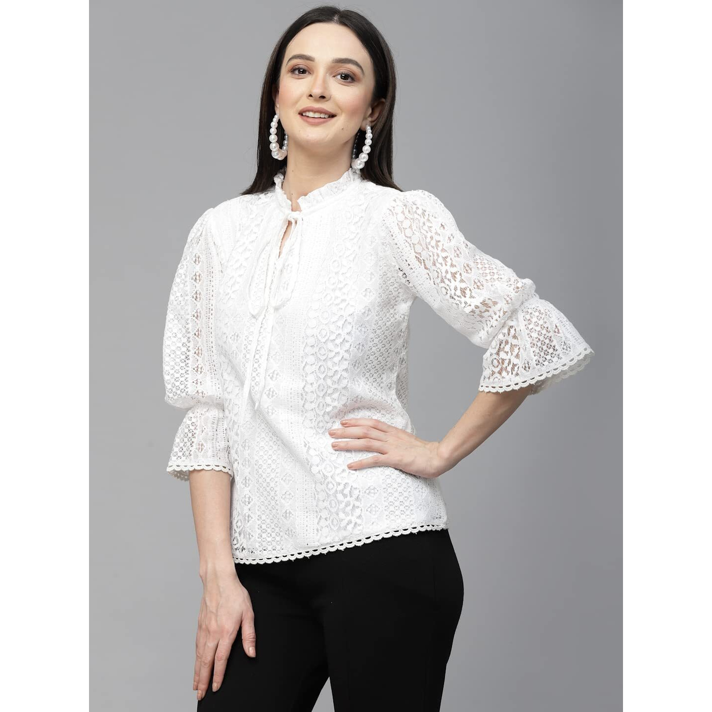 Style Quotient Women White Self Design Lace Regular Smart Casual Tops