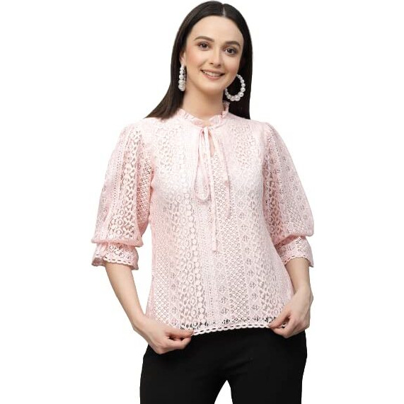Style Quotient Women Peach Self Design Lace Regular Smart Casual Tops