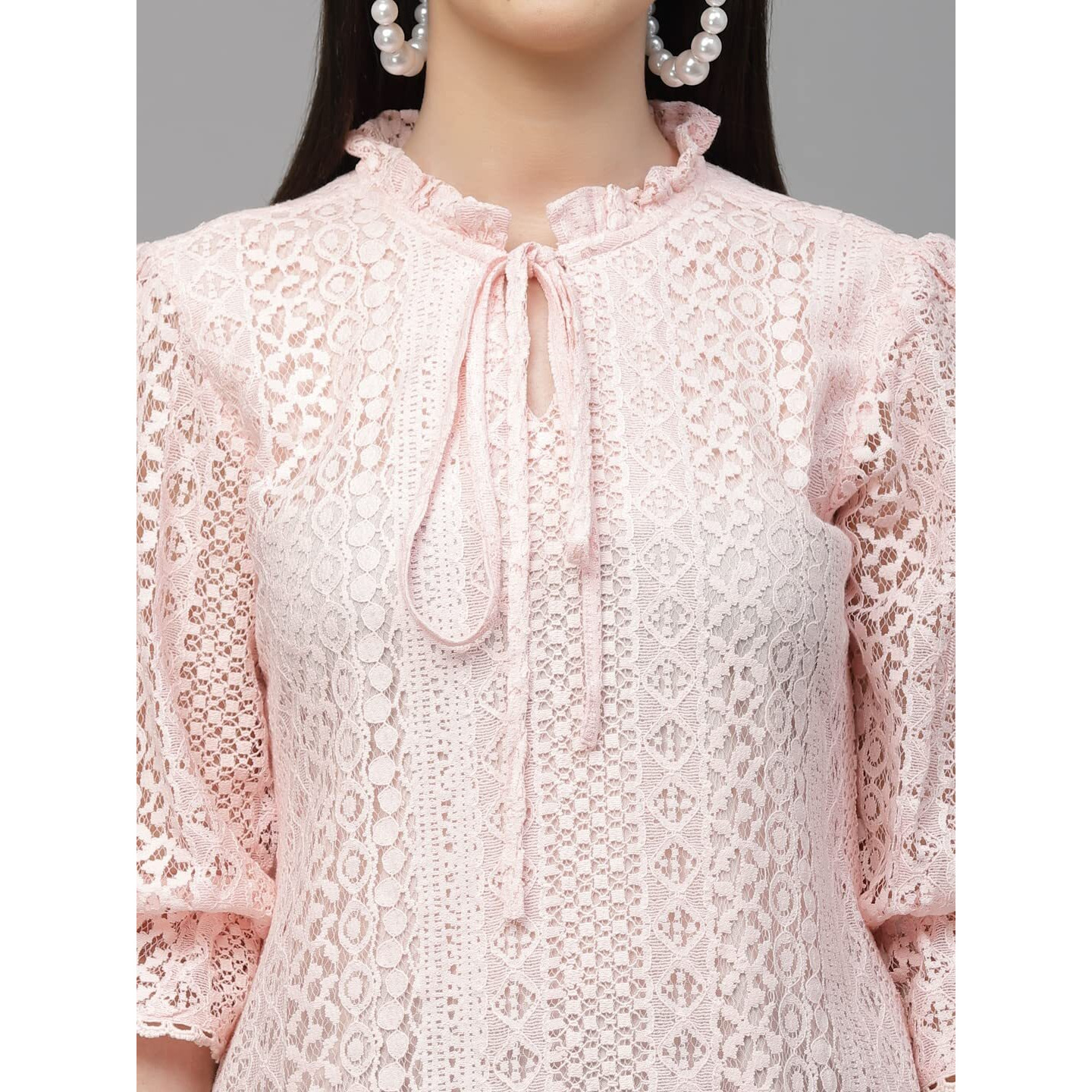 Style Quotient Women Peach Self Design Lace Regular Smart Casual Tops
