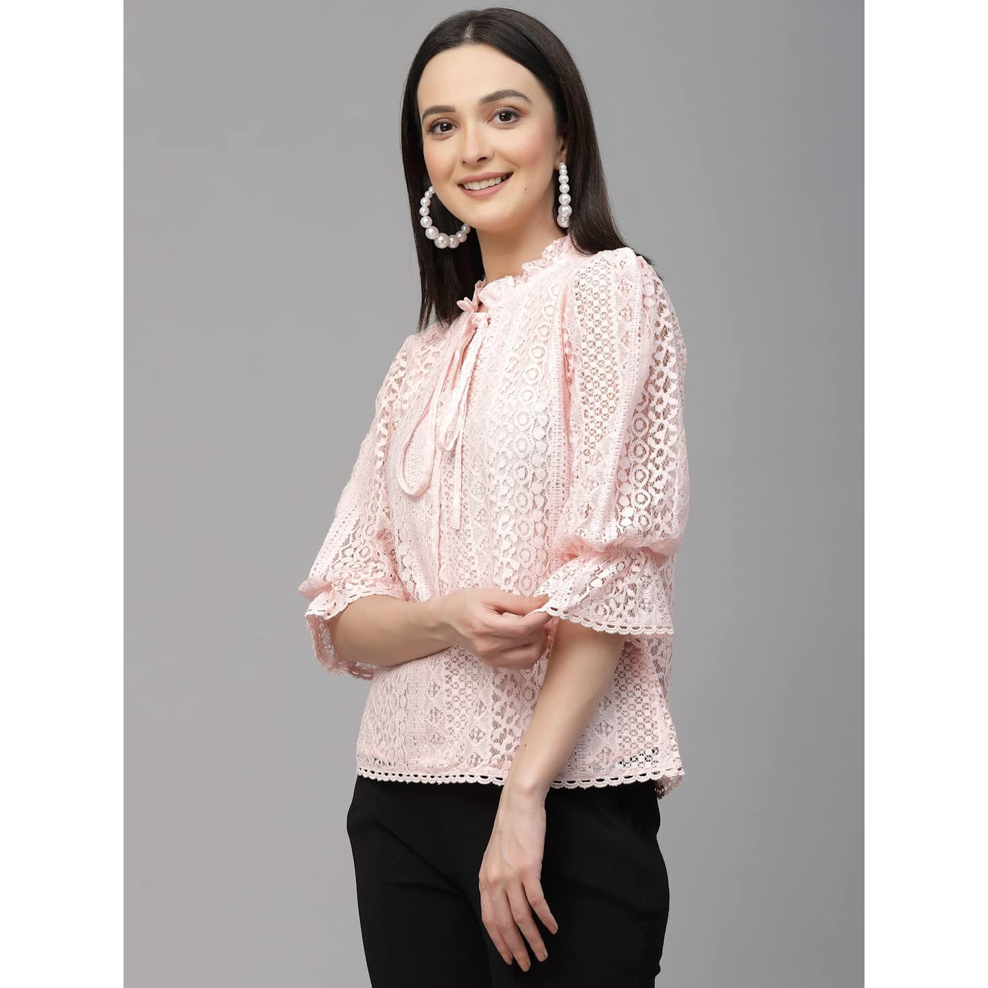 Style Quotient Women Peach Self Design Lace Regular Smart Casual Tops
