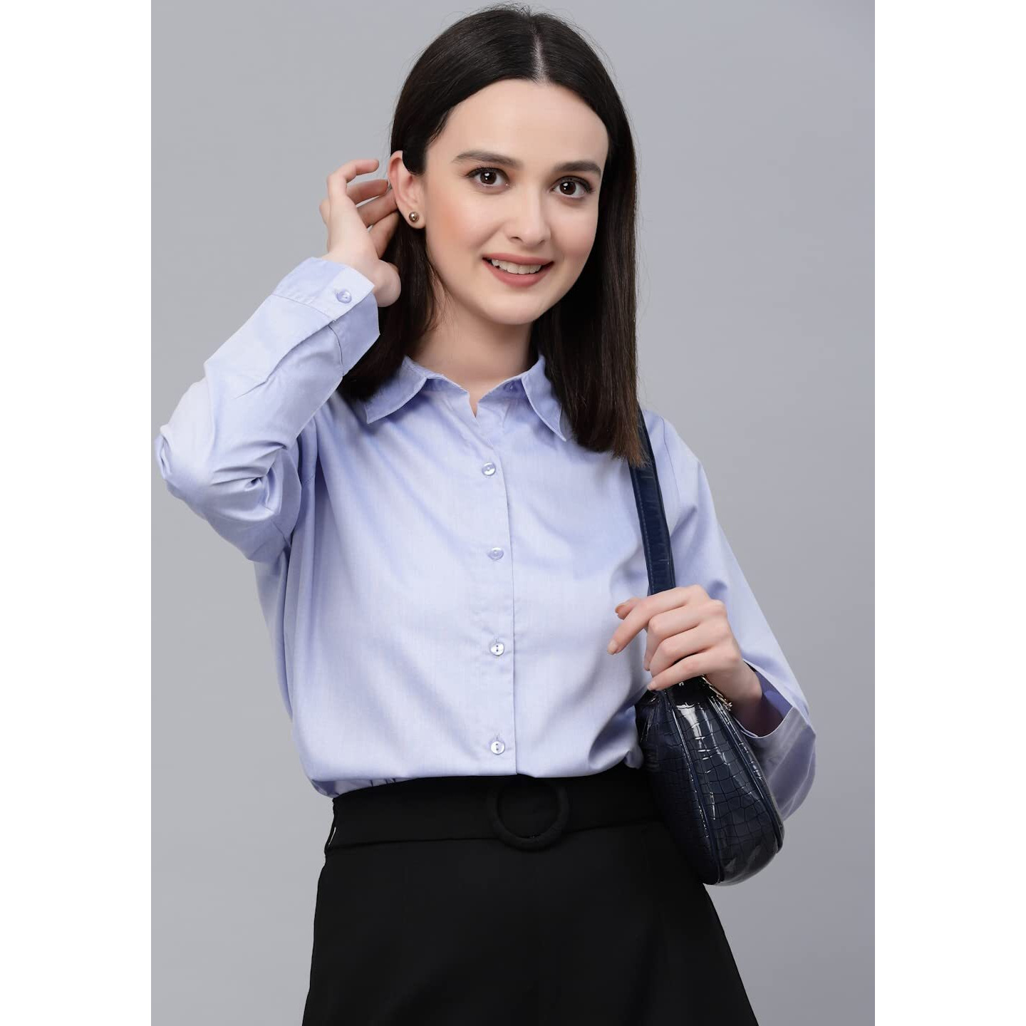 Style Quotient Women Solid Blue Chambray Formal Shirt
