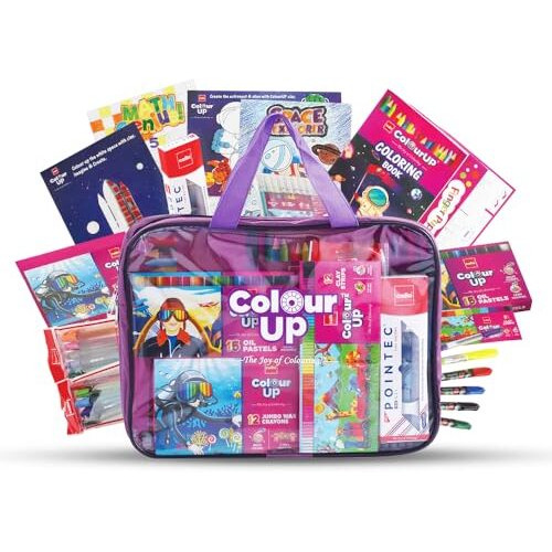 Cello ColourUp Space Travel Kit | Includes 12 Clay Strips, Wax Crayons, Oil Pastels, Coloured Pens, Glitter Pens, Markers, Highlighter, Mini Sketch Pens & DIY Kit | Perfect for Kids' Birthday Gift