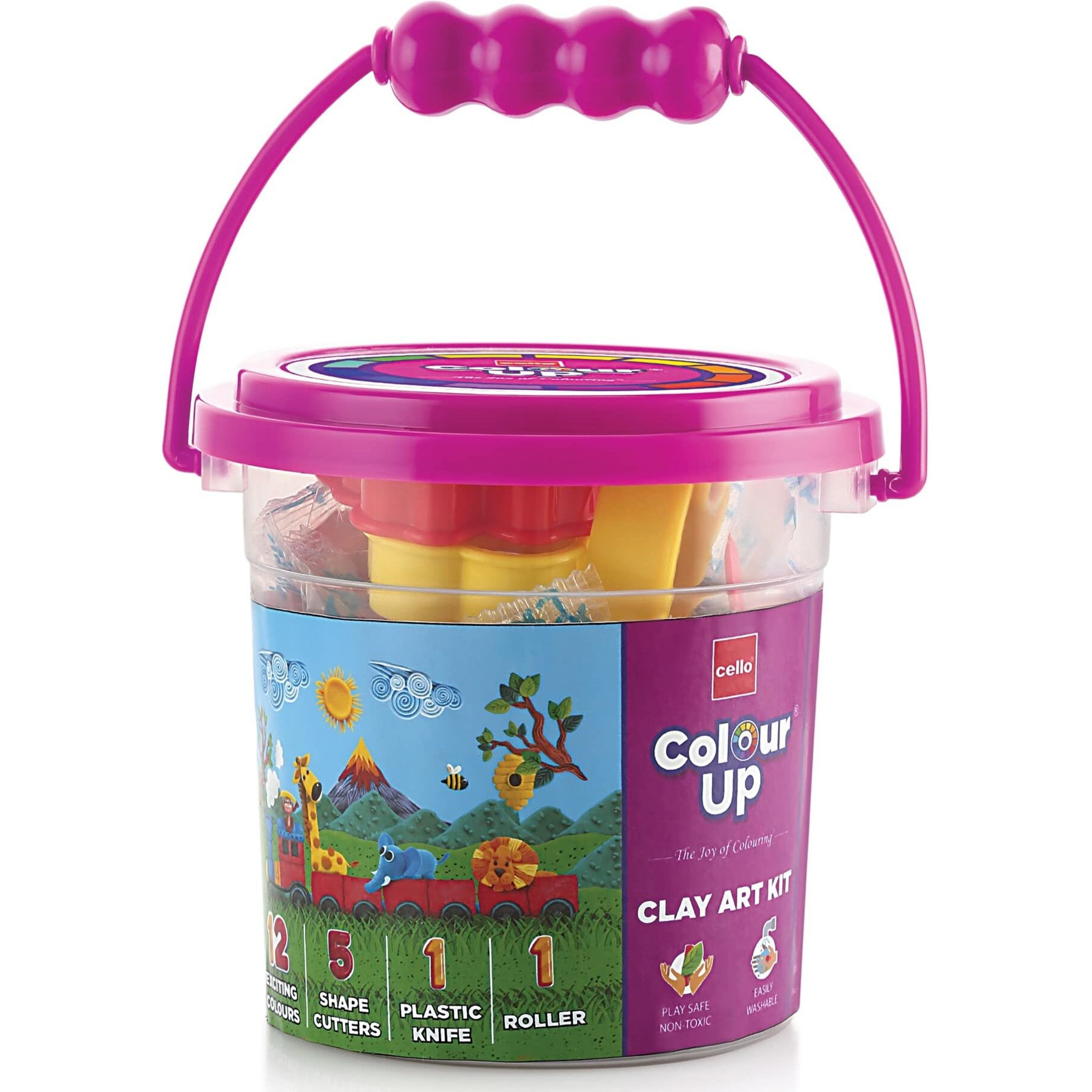 Cello ColourUp Clay Art Kit | Kids Art Kit with Non-Toxic Clay | Includes 12 Bright Clay Rods, 5 Molds, Cutter & Knife in Bucket Pack | Ideal for Birthdays, Return Gifts & New Year Gift | Multi-Colour