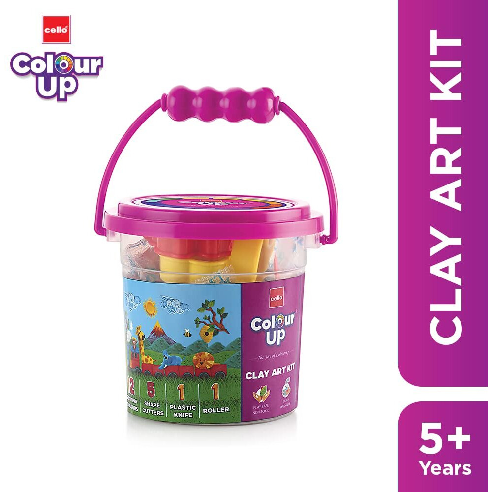 Cello ColourUp Clay Art Kit | Kids Art Kit with Non-Toxic Clay | Includes 12 Bright Clay Rods, 5 Molds, Cutter & Knife in Bucket Pack | Ideal for Birthdays, Return Gifts & New Year Gift | Multi-Colour