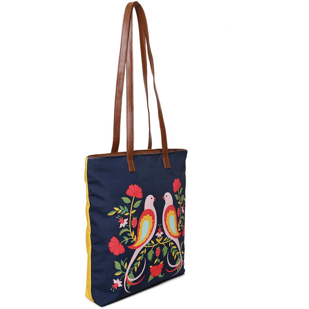 Chumbak Teal Feathered Mates Tote Bag - Navy