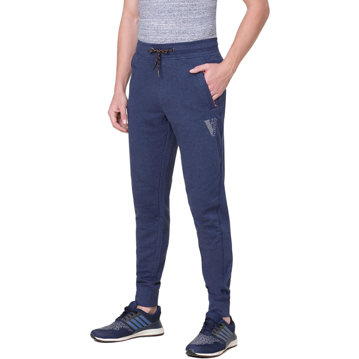 Van Heusen Athleisure Men Regular Fit Joggers - Cotton Rich - Smart Tech, Easy Stain Release, Anti Stat, Ultra Soft, Moisture Wicking_50044_Blue Melange_L