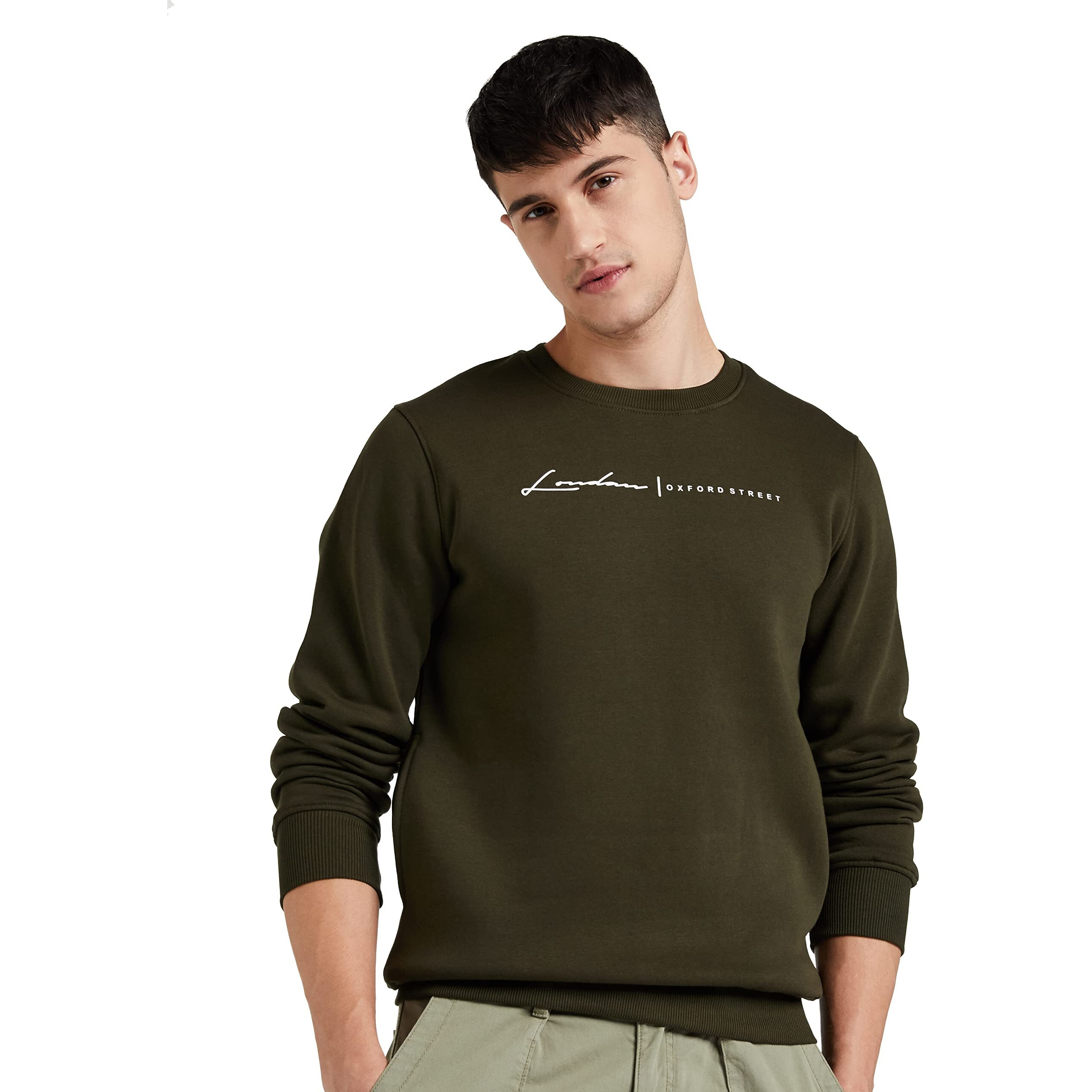 Qube By Fort Collins Men Cotton Round Neck Regular Sweatshirt 929241 SMU_Dark Olive_M_Dark Olive_M