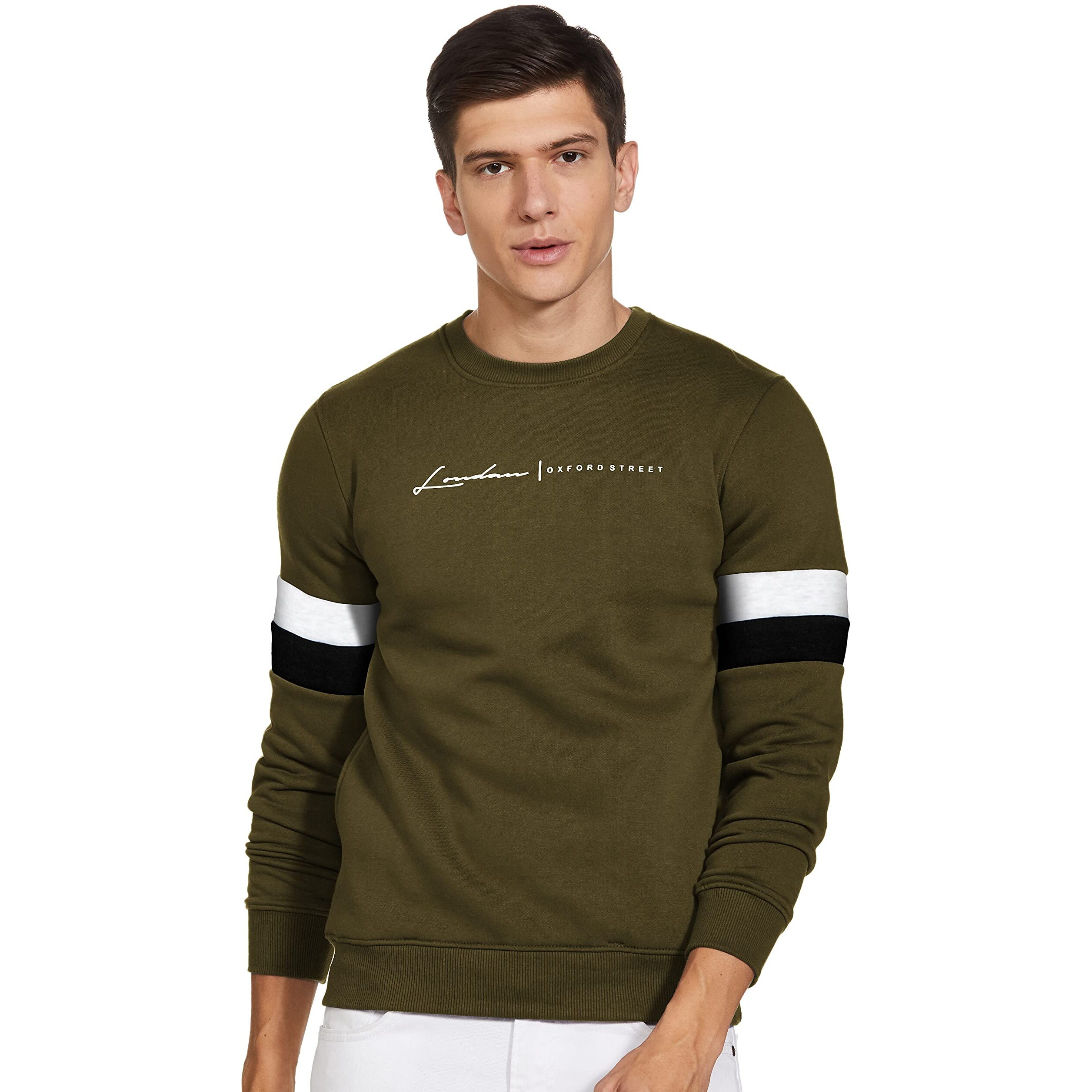 Qube By Fort Collins Men's Fleece Round Neck Regular Fit Sweatshirt (929247 SMU_Bright Olive_XL)