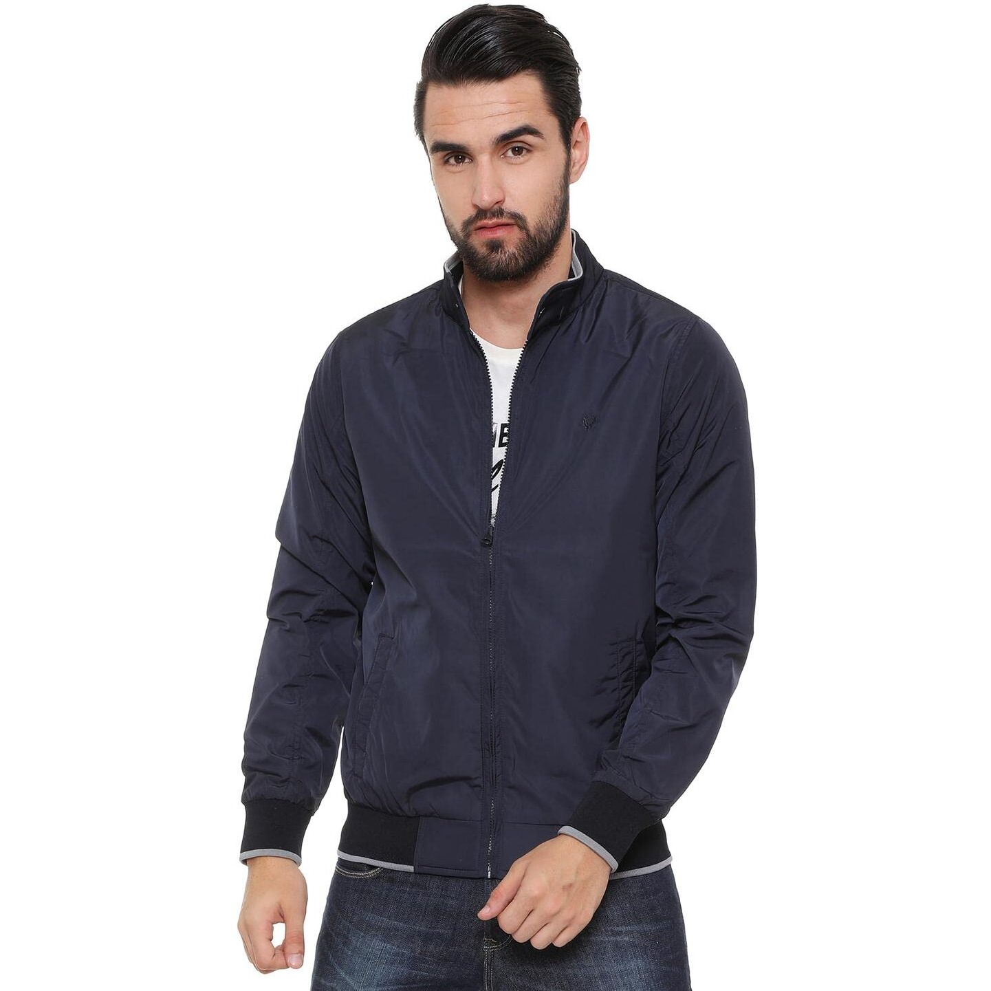 Allen Solly Men's Solid Polyester Blouson Jacket (ASJKOBOPN25774_Navy Blue_Small)
