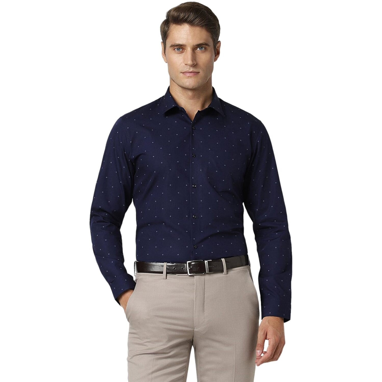 Peter England Slim Fit Small Ditsy Printed Full Sleeve Shirt Navy