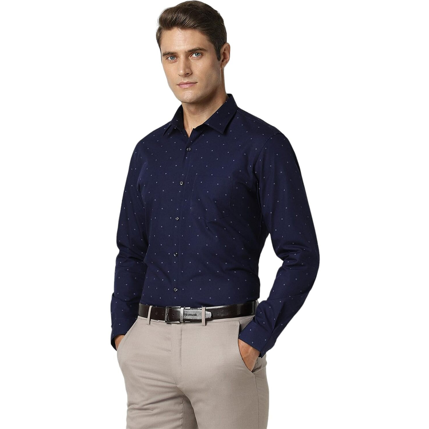 Peter England Slim Fit Small Ditsy Printed Full Sleeve Shirt Navy