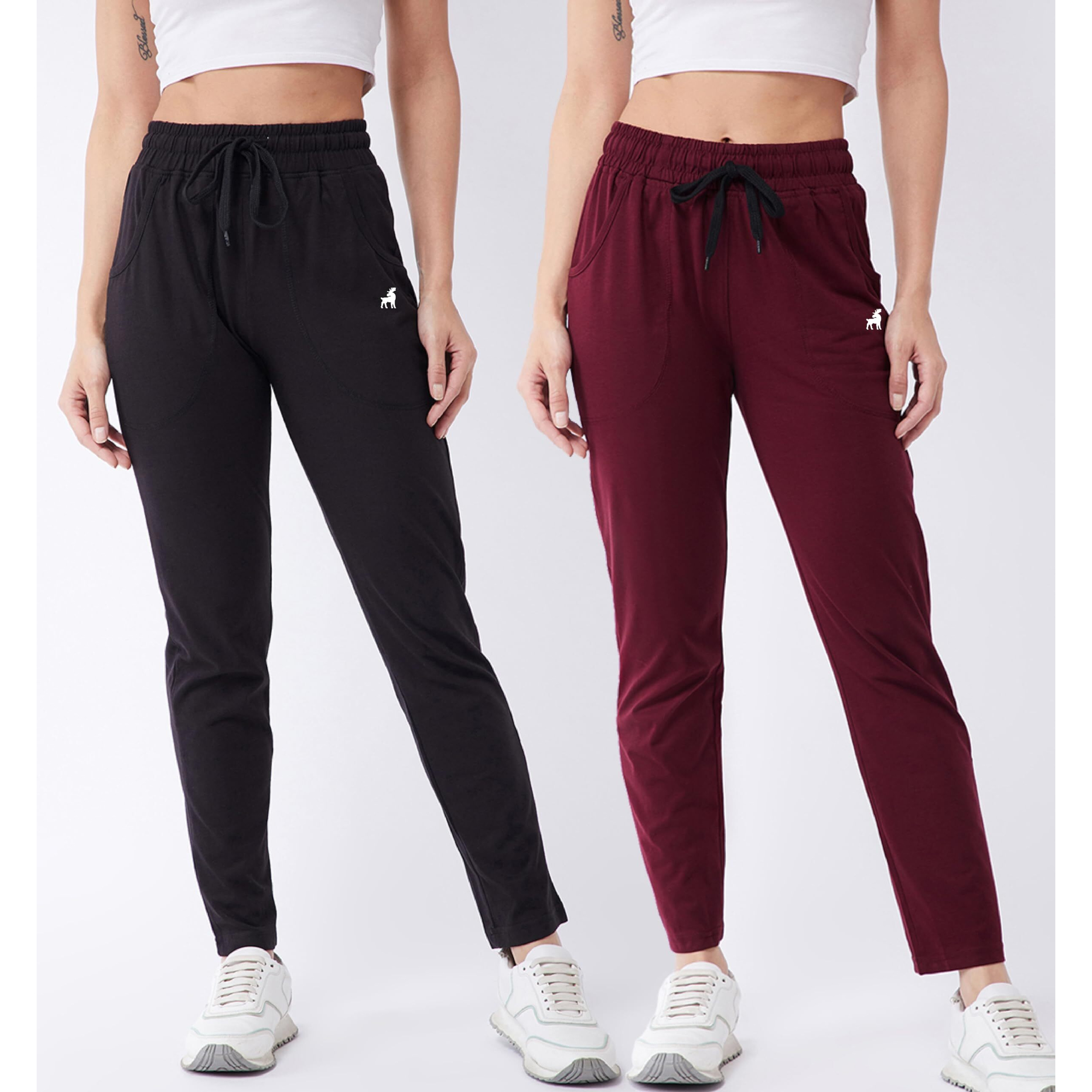 Modeve  Women Cotton Blend Pack of 2 Track Pant for Summer || Women Lower || Women Pyjama || Lounge Pants_Black and Wine_XX-Large