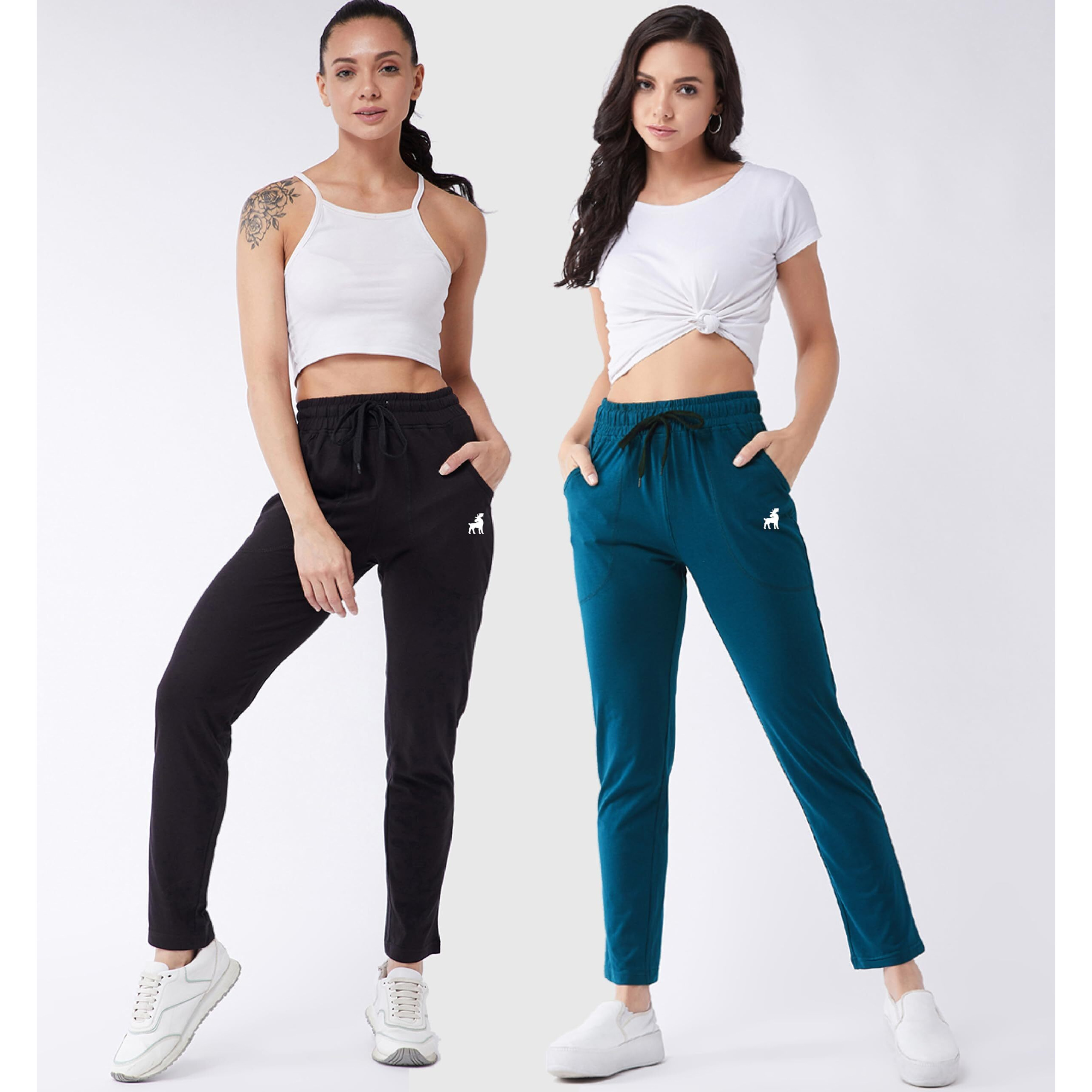 Modeve  Women Cotton Blend Pack of 2 Track Pant for Summer || Women Lower || Women Pyjama || Lounge Pants_Black and Teal_XX-Large
