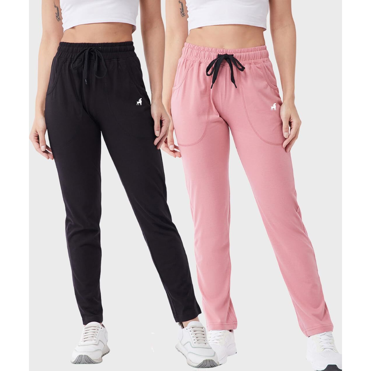 Modeve  Women Cotton Blend Pack of 2 Track Pant for Summer || Women Lower || Women Pyjama || Lounge Pants_Rose Pink and Black_Medium