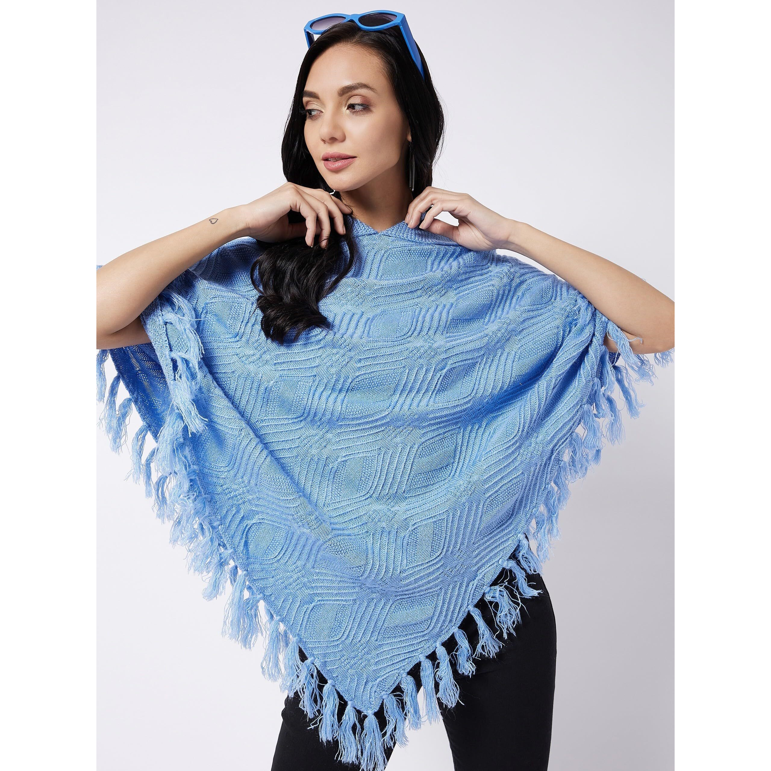 Modeve Women Blue Cable Knit Poncho with Fuzzy Detail||Winterwear||