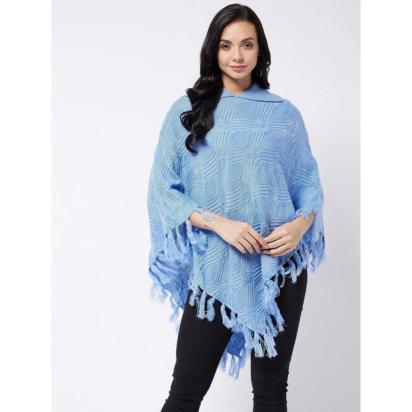 Modeve Women Blue Cable Knit Poncho with Fuzzy Detail||Winterwear||
