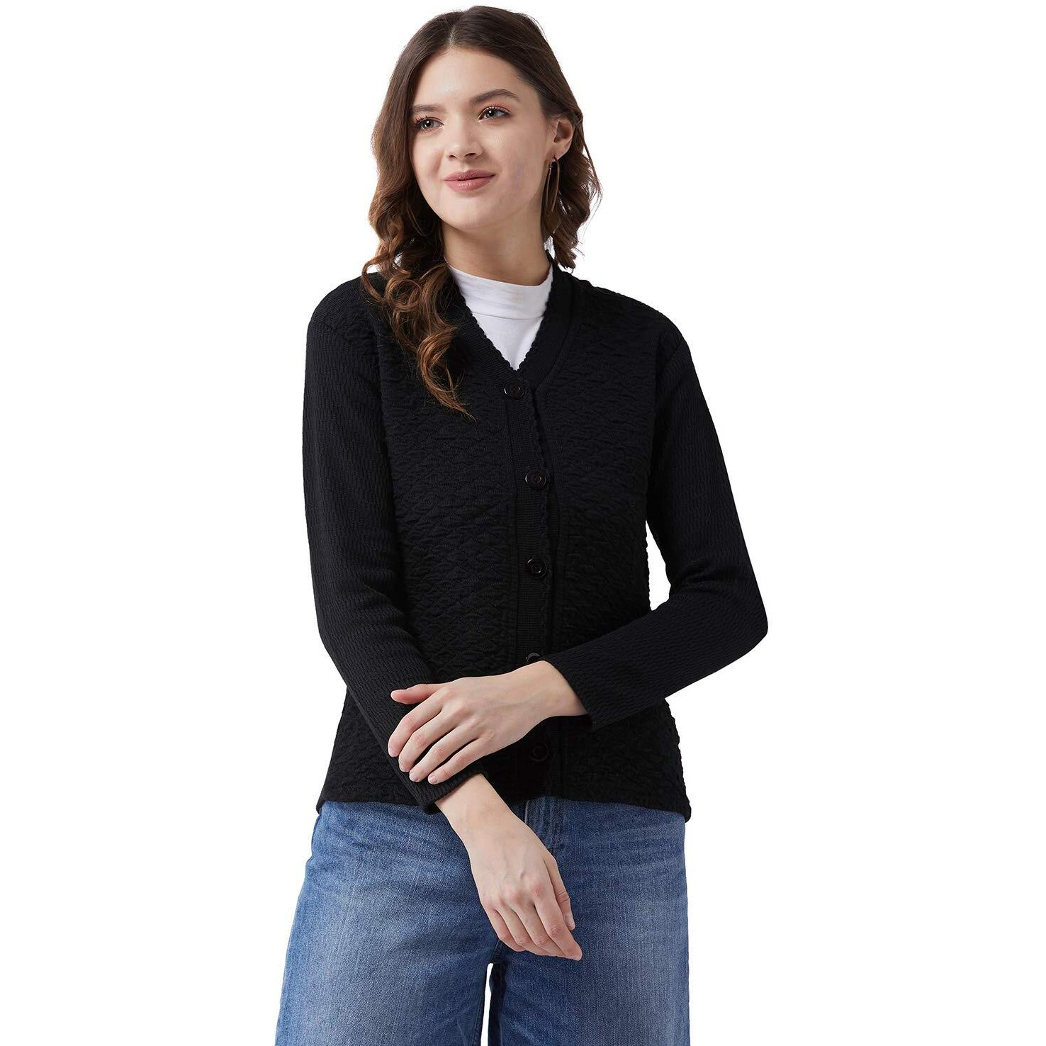 Pivl Self Design V Neck Casual Women Sweater/Cardigan for Winter (X-Large, Black)