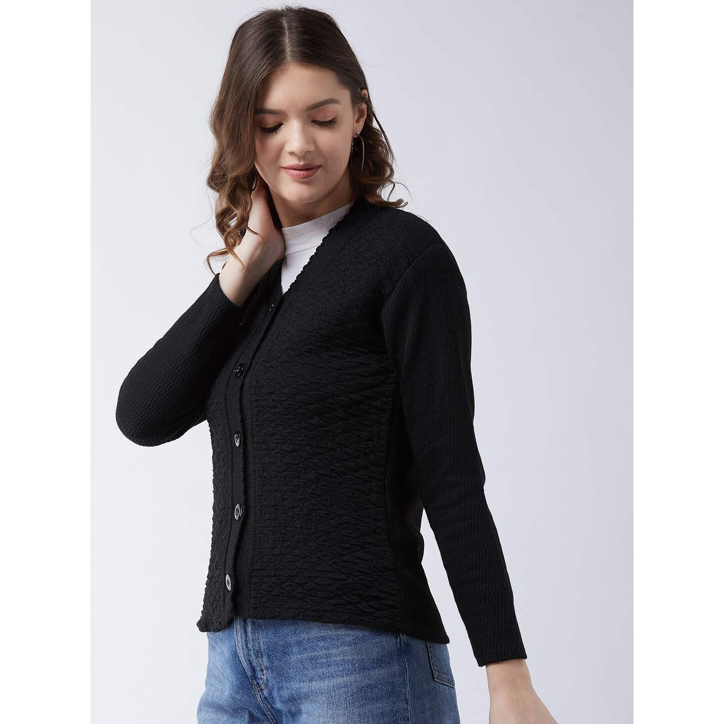Pivl Self Design V Neck Casual Women Sweater/Cardigan for Winter (X-Large, Black)